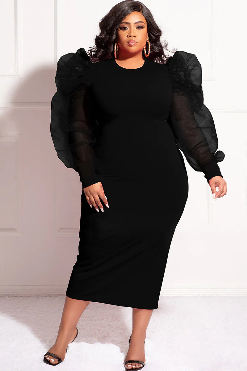 Fashion Solid Color Puff Mesh Long Sleeve V-Neck Plus Size Midi Dress 3