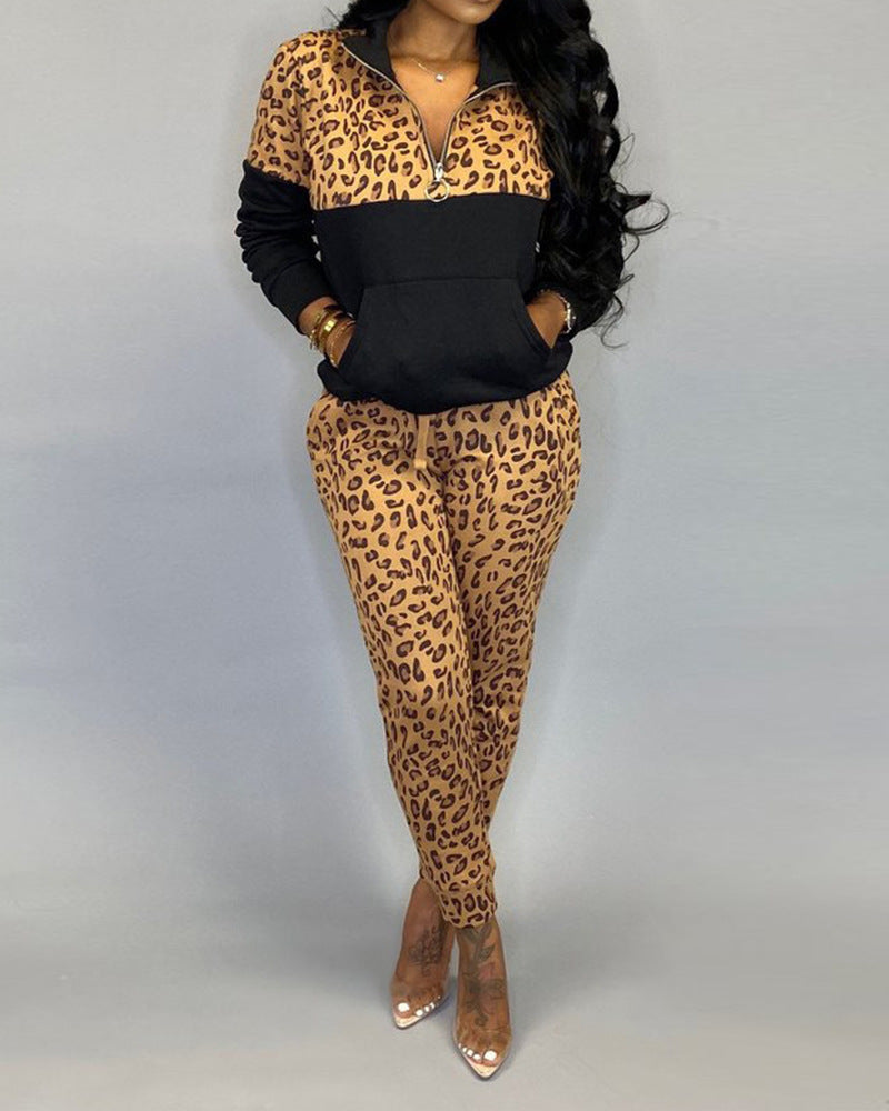 Plus Size Women Long Sleeve Zipper Printed Top and Pant Two-piece Set 4