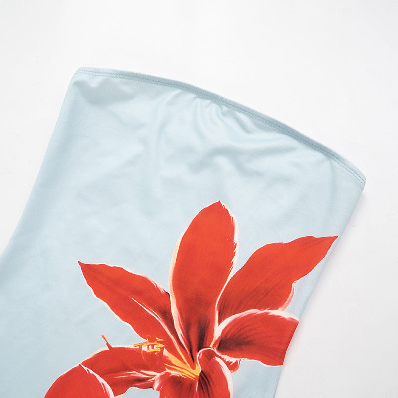 Women's Summer Casual Strapless Flower Print Slim Mini Dress 16