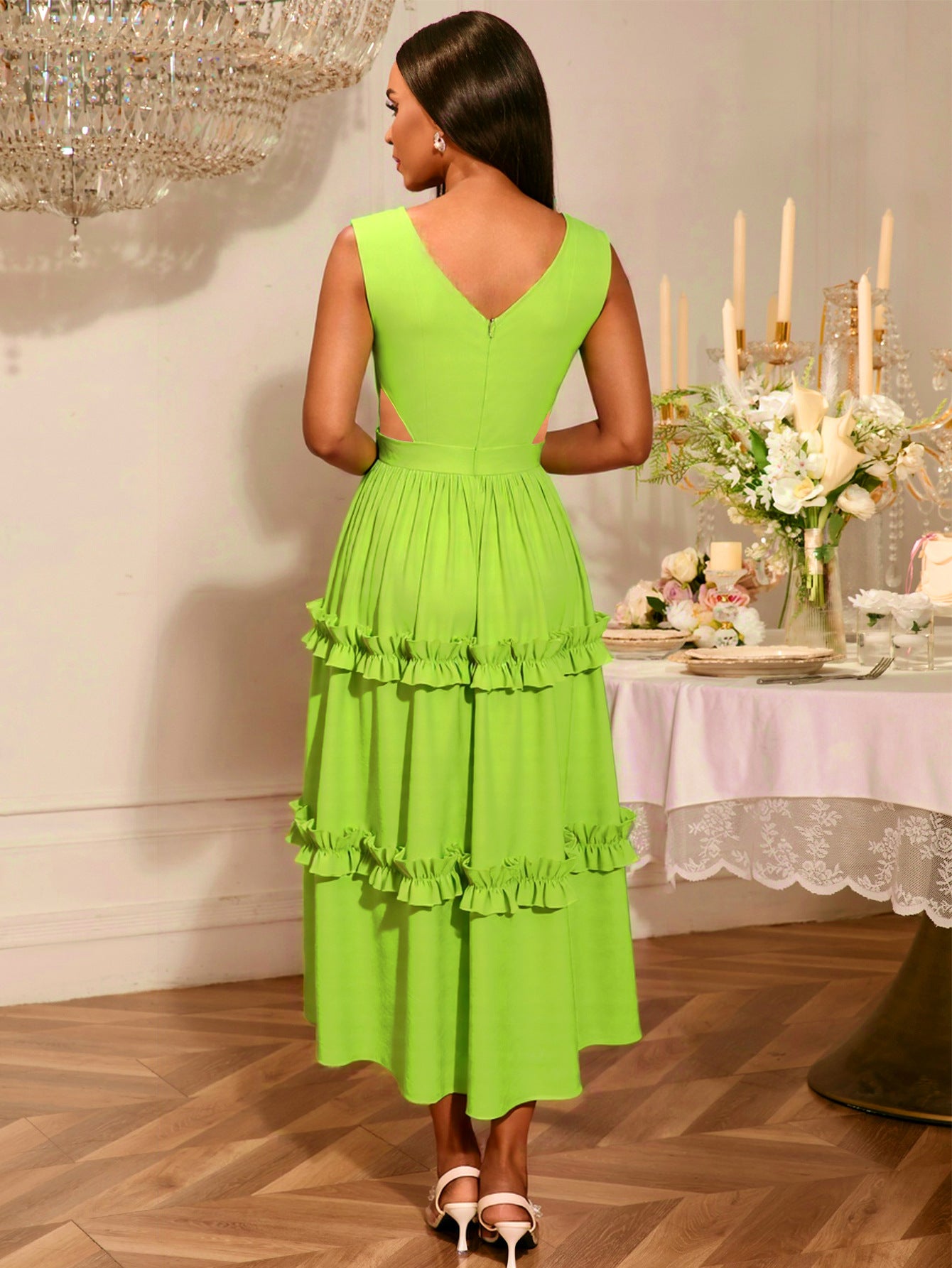 Side Cut-Out Sexy V-Neck Party Dress Ruffled A-Line Formal Gown 3