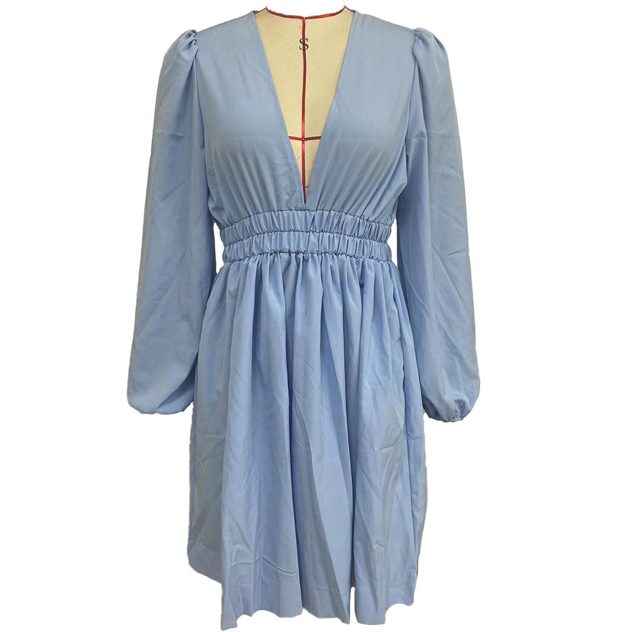 Women V Neck Pleated Long Sleeve Dress 15