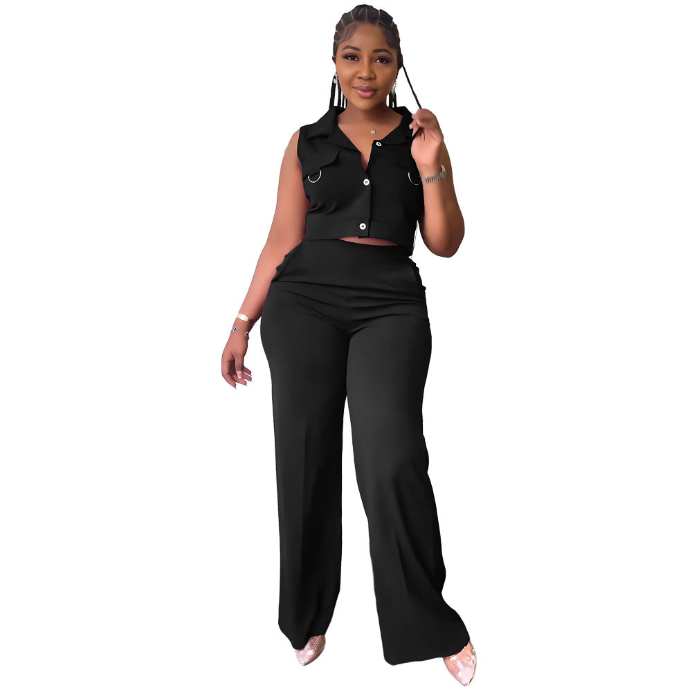 Solid turndown Collar Vest Casual High Waist Straight Leg Trousers Two-Piece Set 11