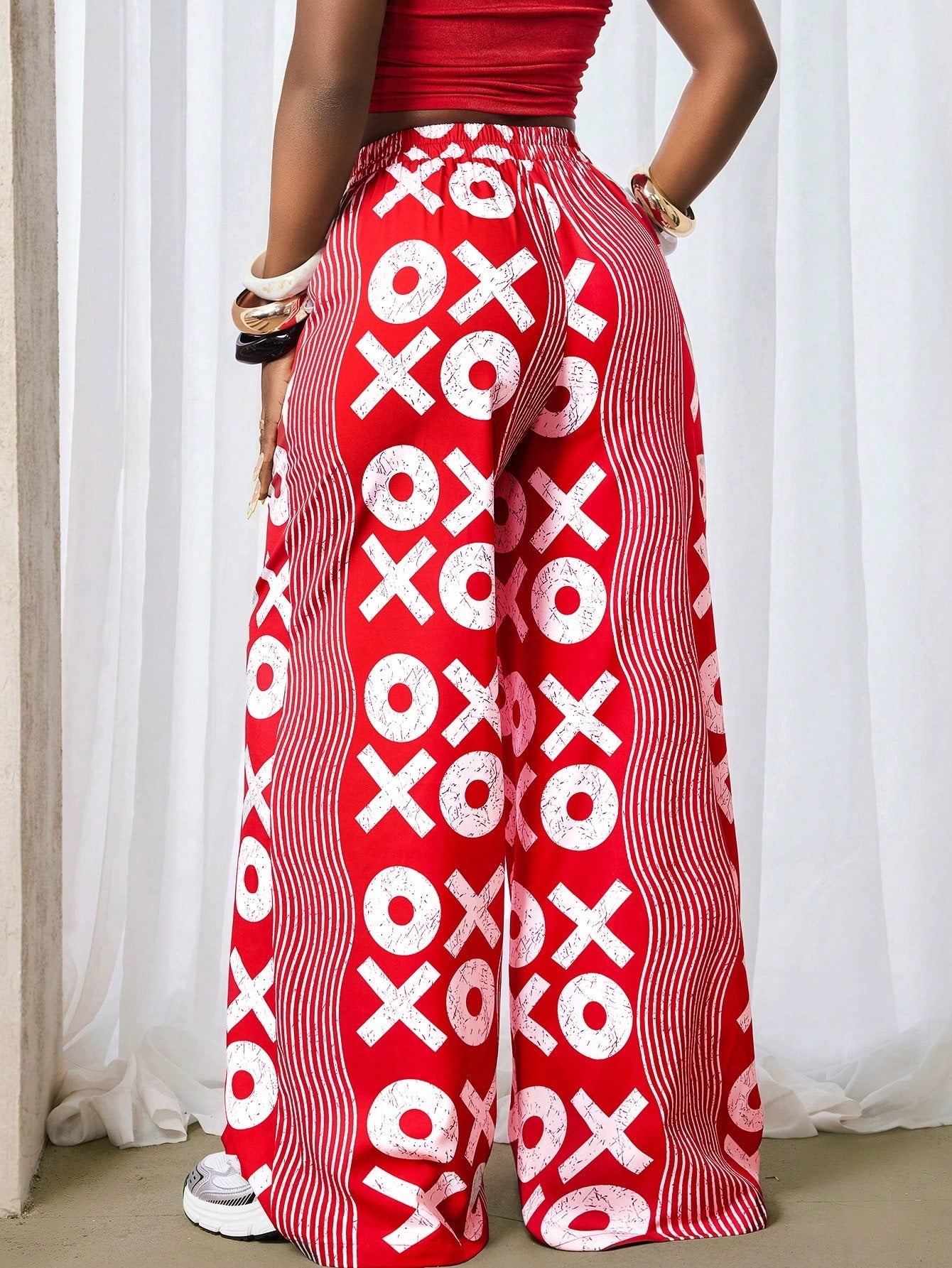 Women's Fashion Street Trendy Print Wide Leg Mid Waist Casual Long Pants 4