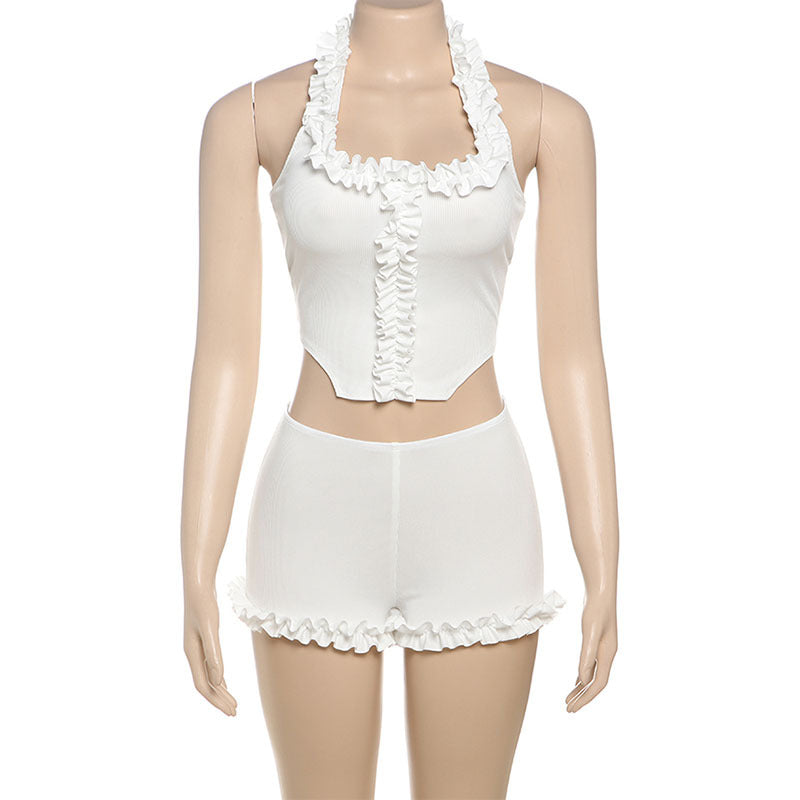Women Spring Summer Solid Sexy Ruffle Halter Neck Top and Shorts Two-Piece Set 7