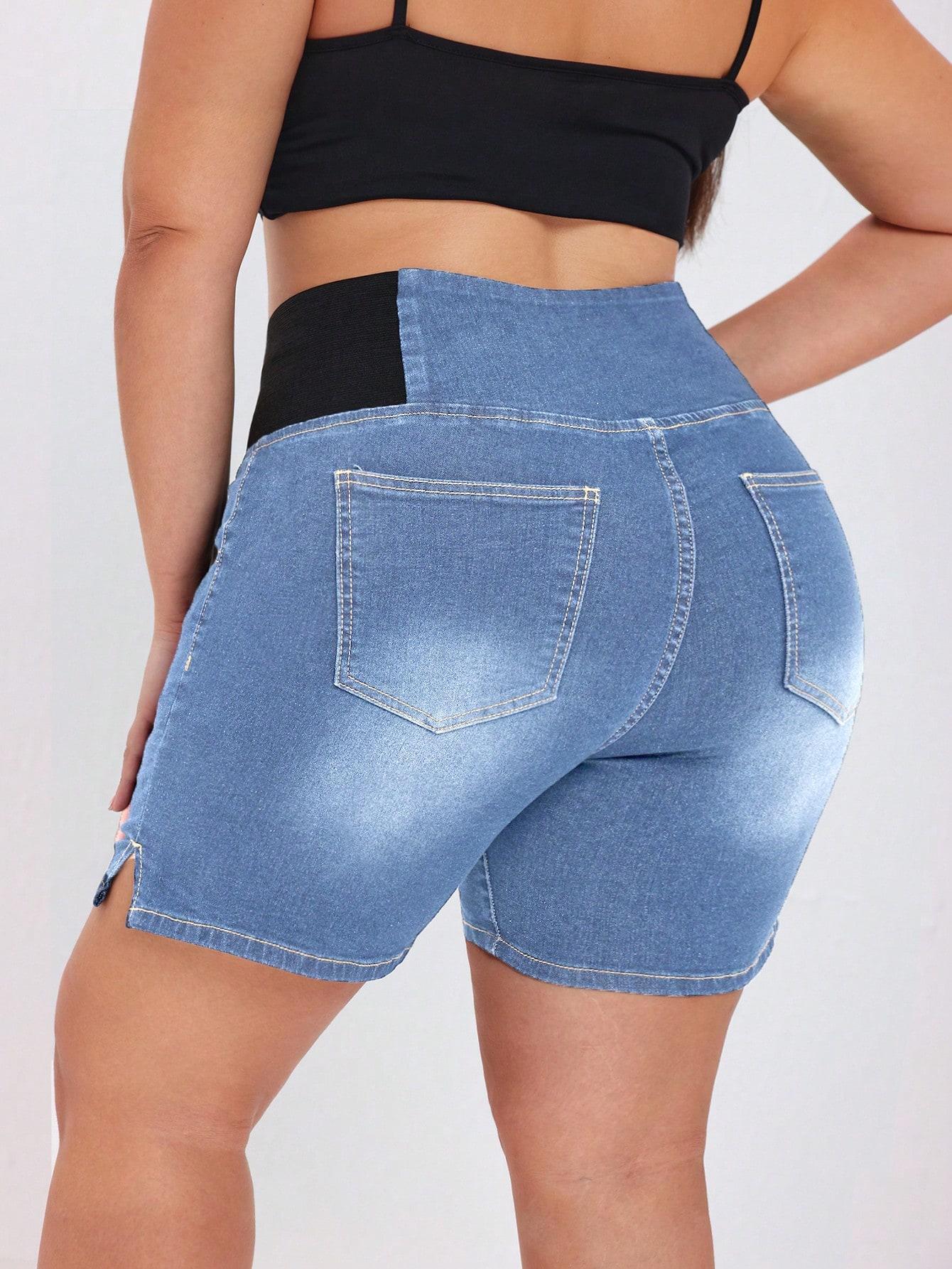 Plus Size Women Elastic Waist Denim Shorts 8