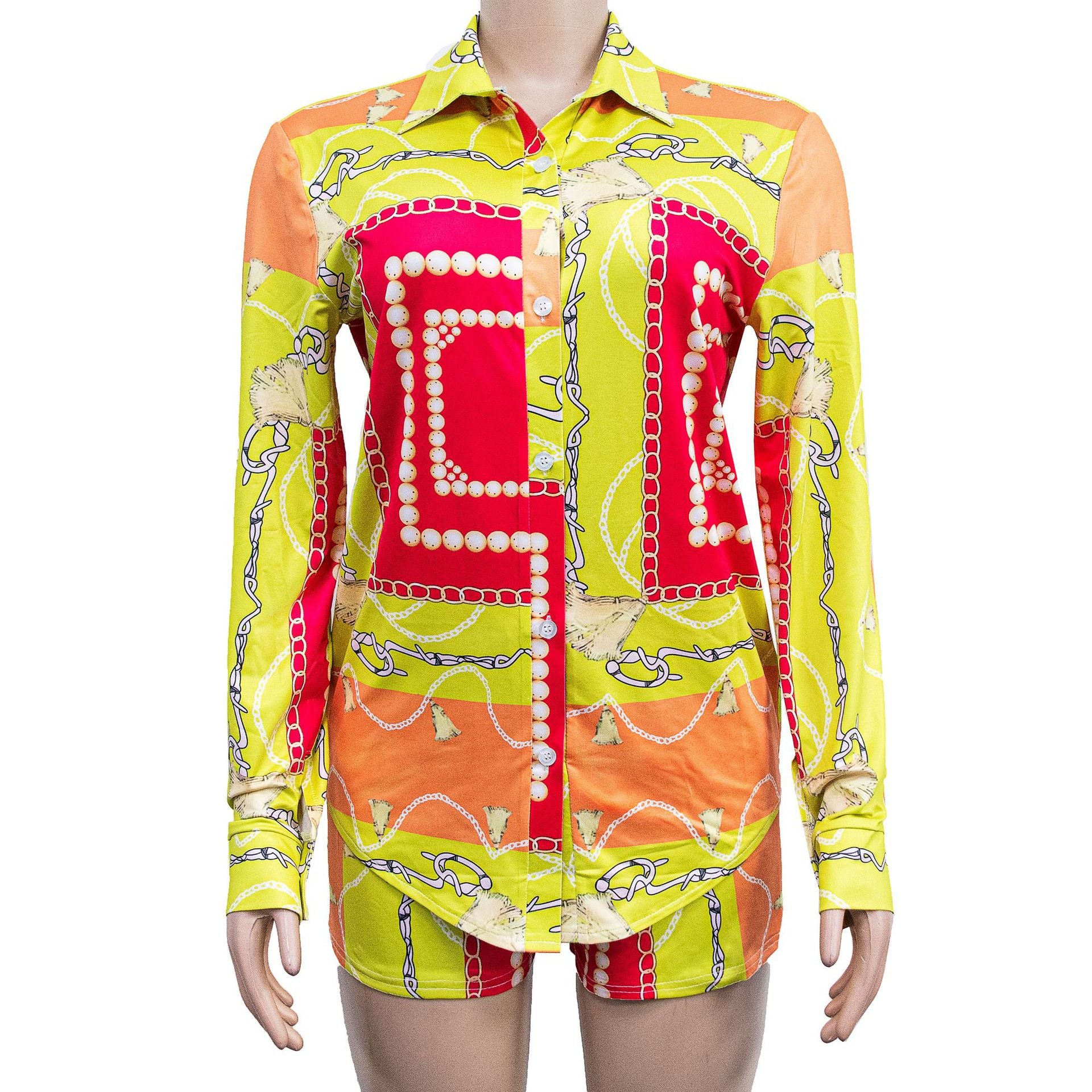 Ladies' Fashion Colorblock Turndown Collar Long Sleeve Shirt Shorts Two Piece Set 12