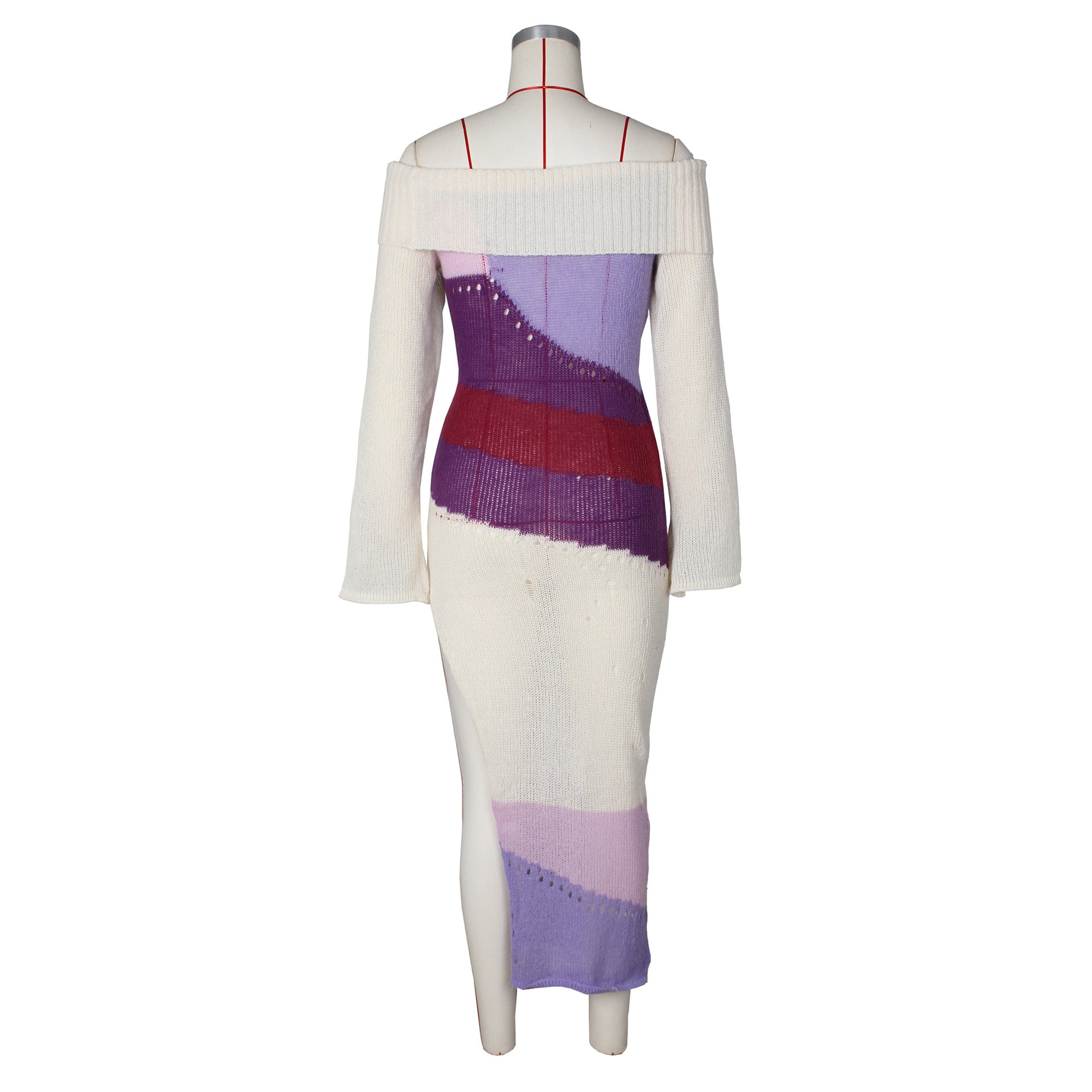 Women's Sexy Off Shoulder Long-Sleeved Contrasting Knitting High-Slit Long Dress 9
