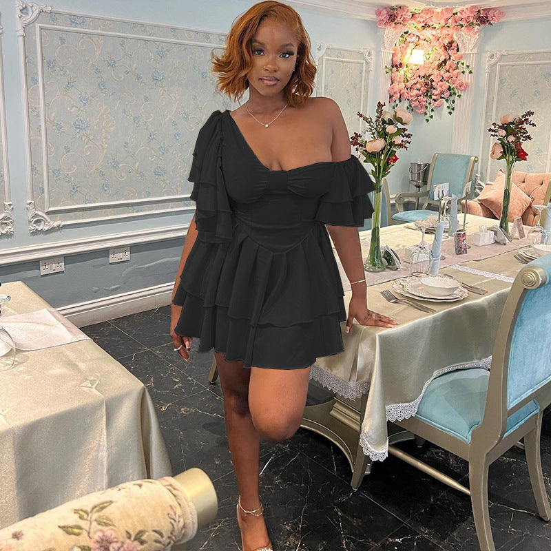 Women Solid Ruffle Sleeve Irregular Slash Shoulder Cascading Ruffles Dress 4