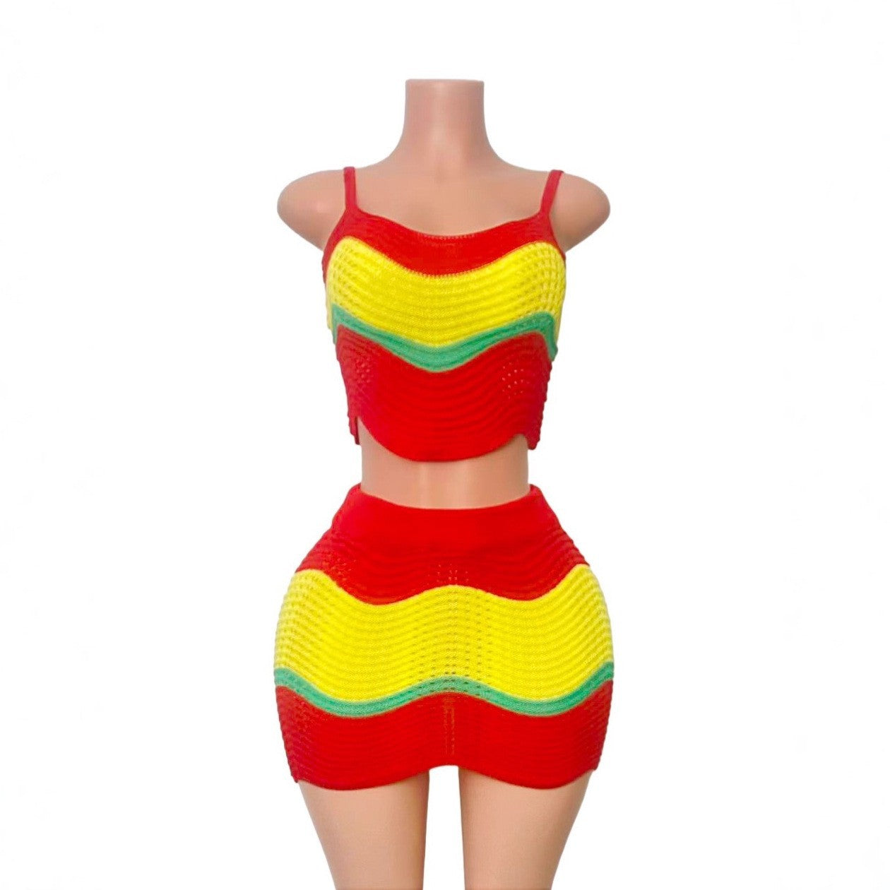 Women Holiday Multi-Color Knitting halter top and skirt with wavy pattern and hollowed-out lace. 11