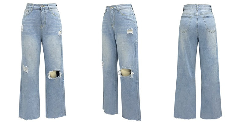 Women Ripped Denim Washed Wide Leg Straight Pants 5