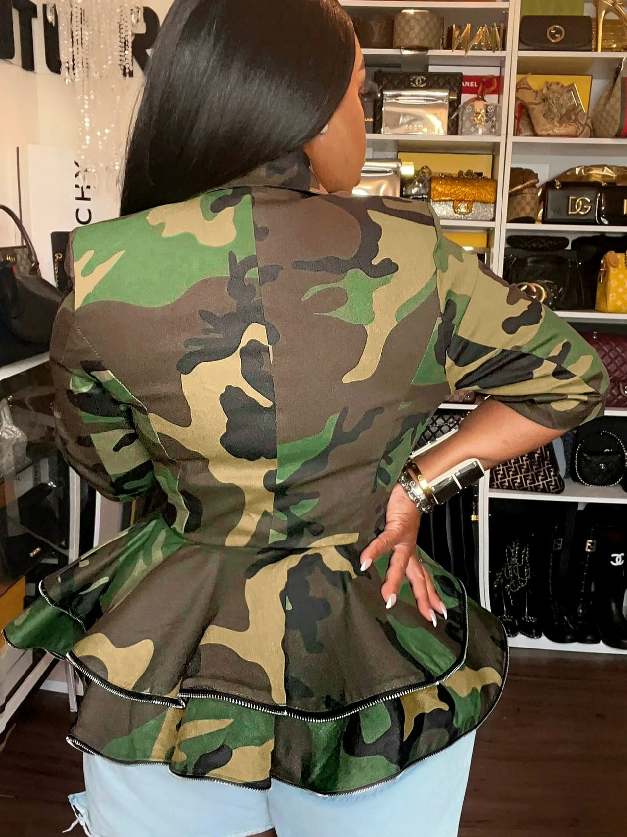 Women's Fashion Camo Print Turndown Collar Double-Breasted Long-Sleeve Outerwear 8