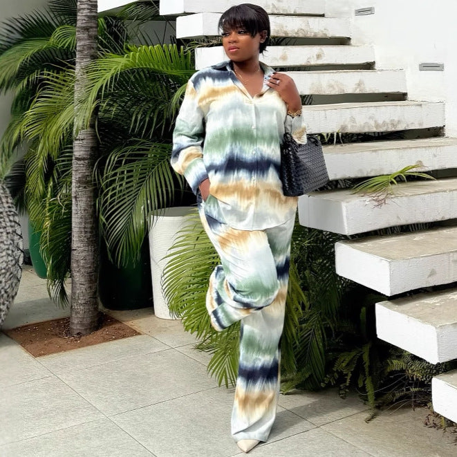 Plus Size Women Casual Printed Long Sleeve Shirt Pants Two-piece Set 4