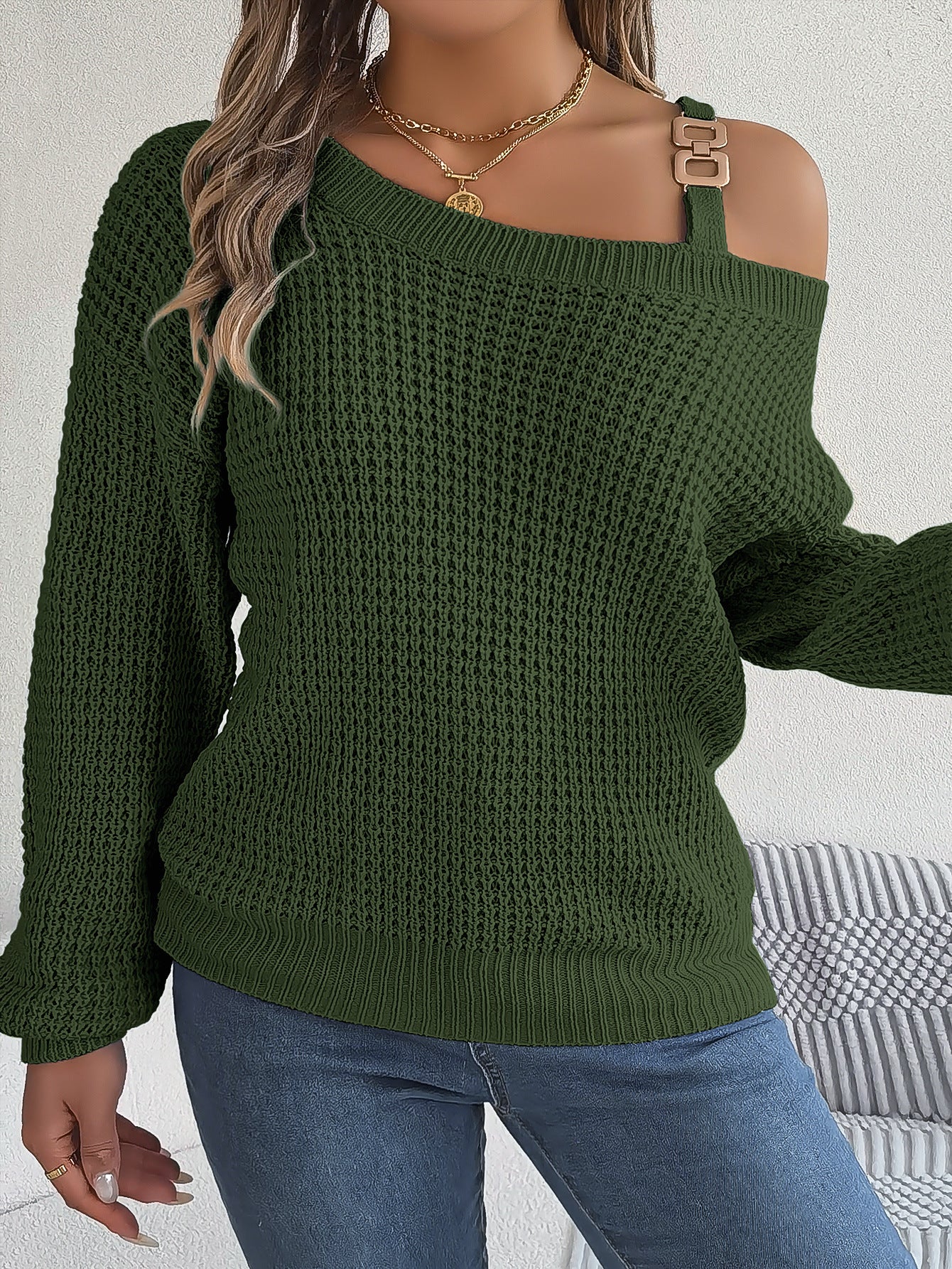 Autumn And Winter Casual Metal Buckle Strap Patchwork Balloon Sleeve Pullover Sweater 8