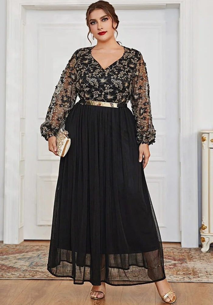 Plus Size V Neck Patchwork Long Sleeve Maxi Dress