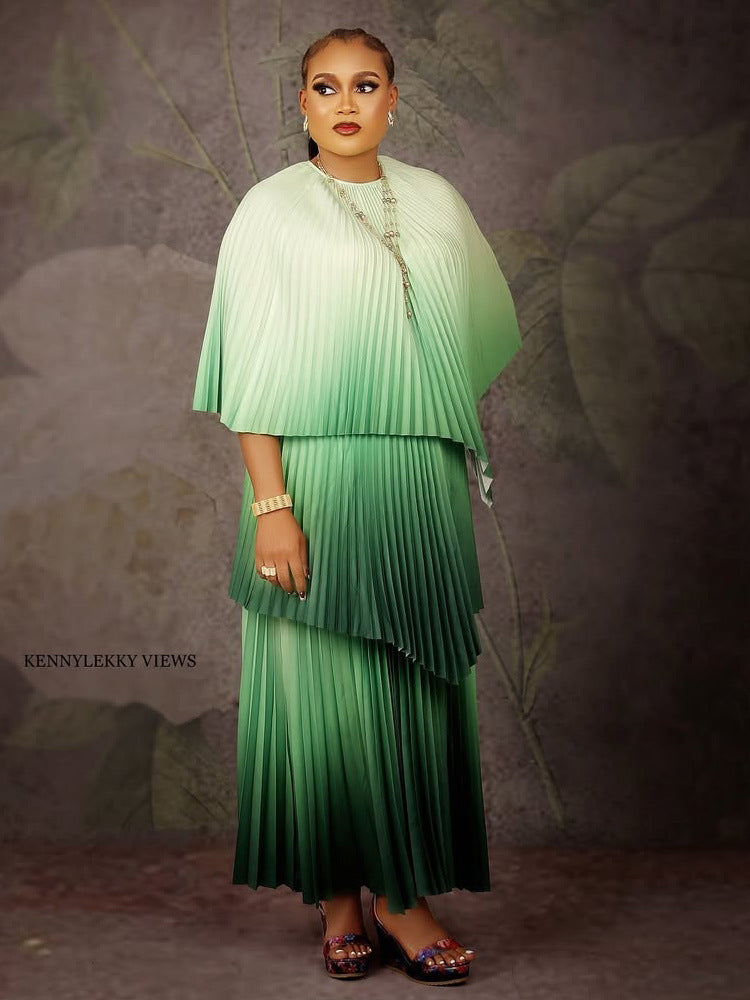 Plus Size women's clothing Slim Fit two-piece pleated gradient top pleated long skirt 14