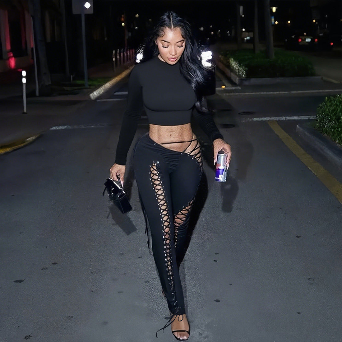 Women Fall/Winter Long-Sleeved Sexy Cutout Lace-Up Pants Two-Piece Set 12