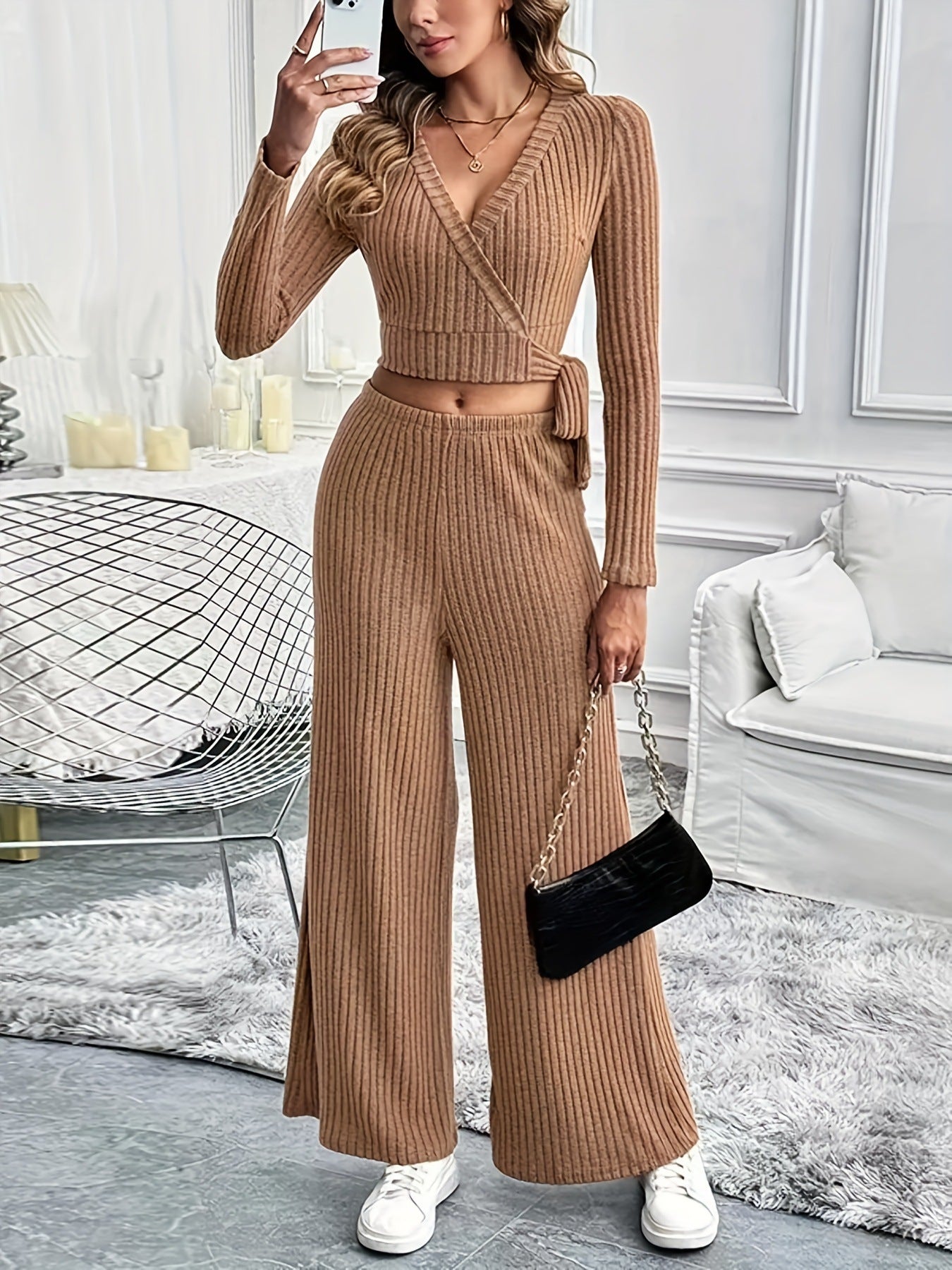 Elegant Fashion Wrap V-Neck Lace-Up Long Sleeve Top Slim Fit Wide-Leg Pants Solid Color Two Piece Set 7