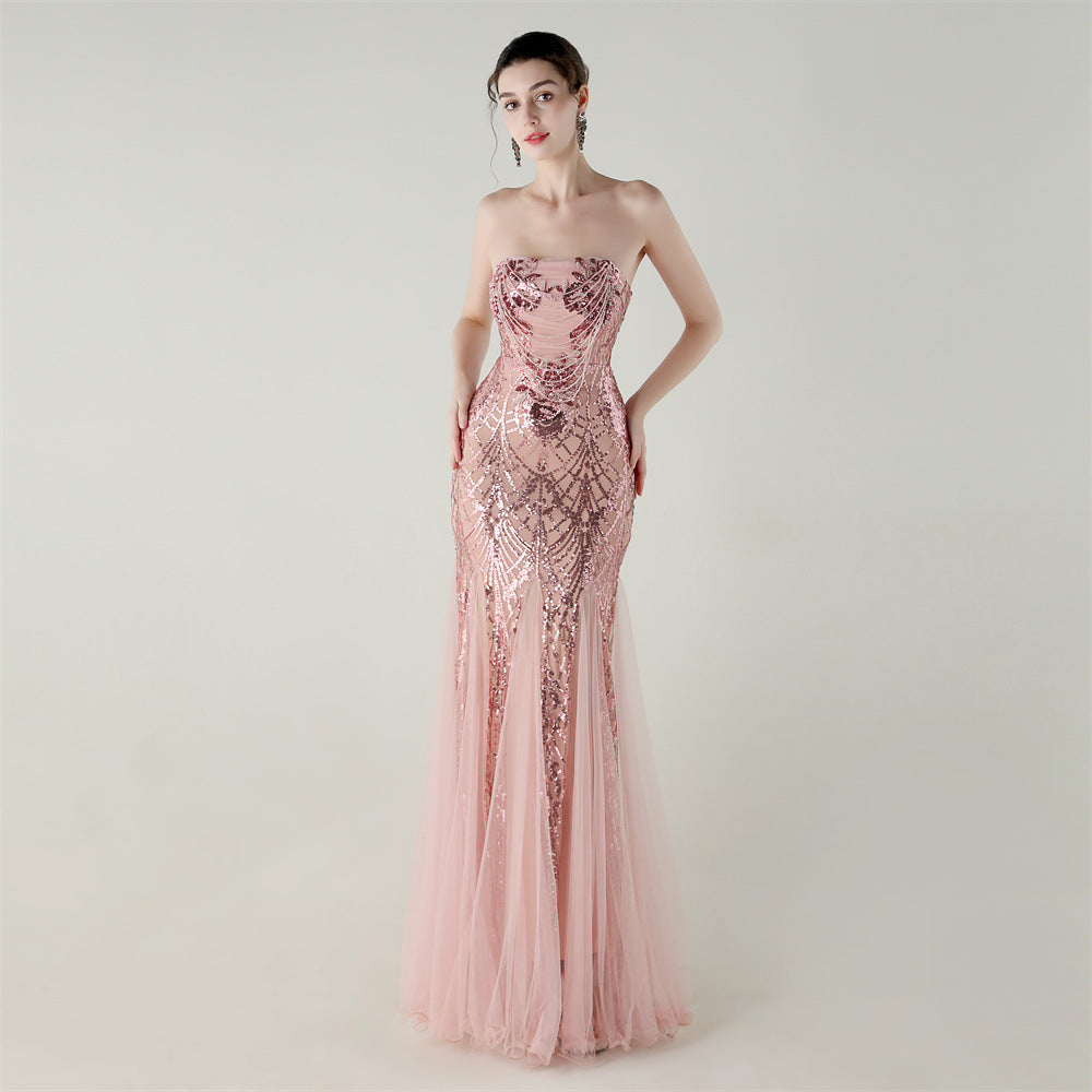Women sequined mesh beaded tube flower Strapless fishtail skirt Formal Party evening dress 20