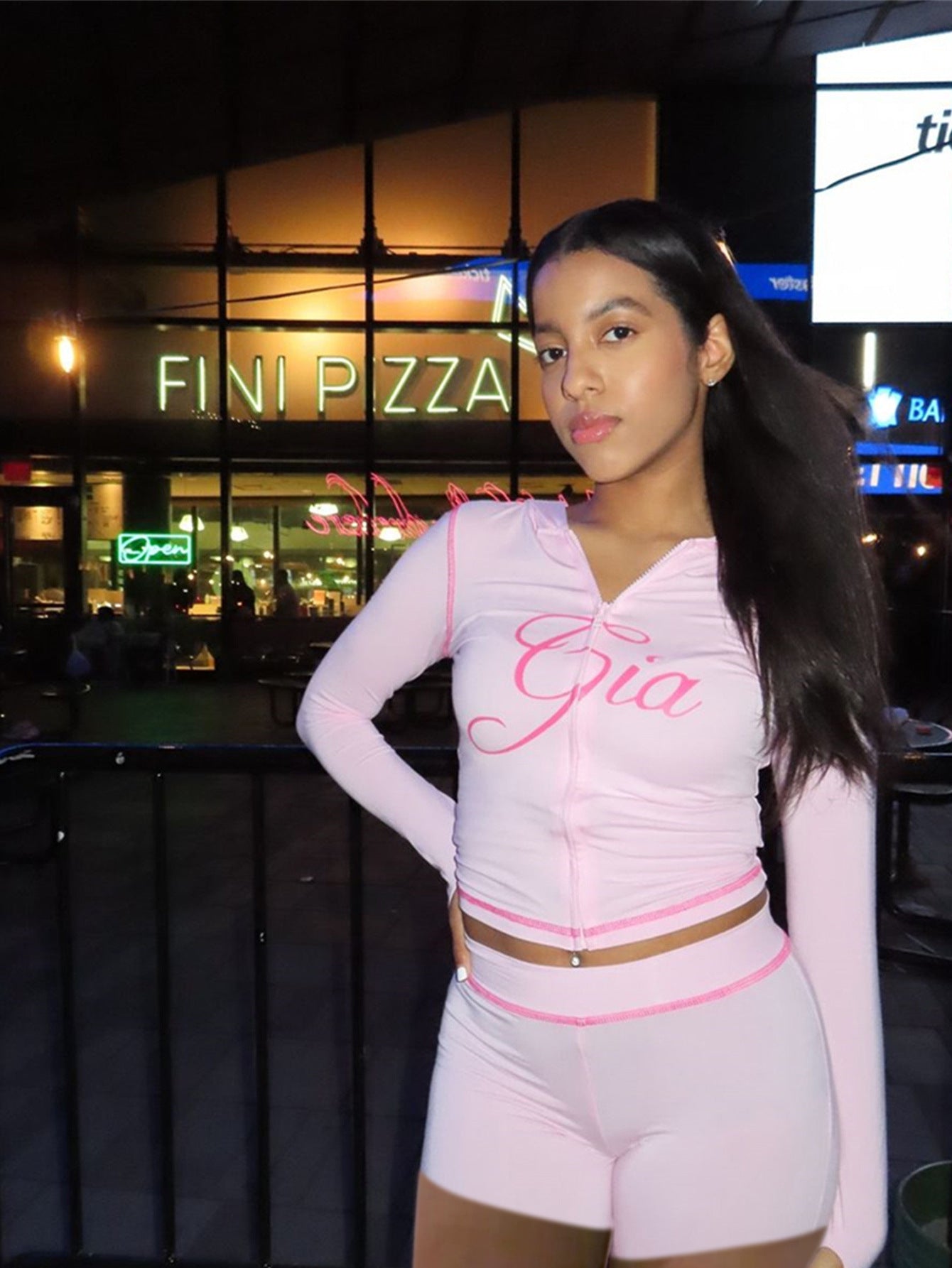 Fashion retro print slim elastic hooded sports style long sleeve top shorts women Two Piece Set 9