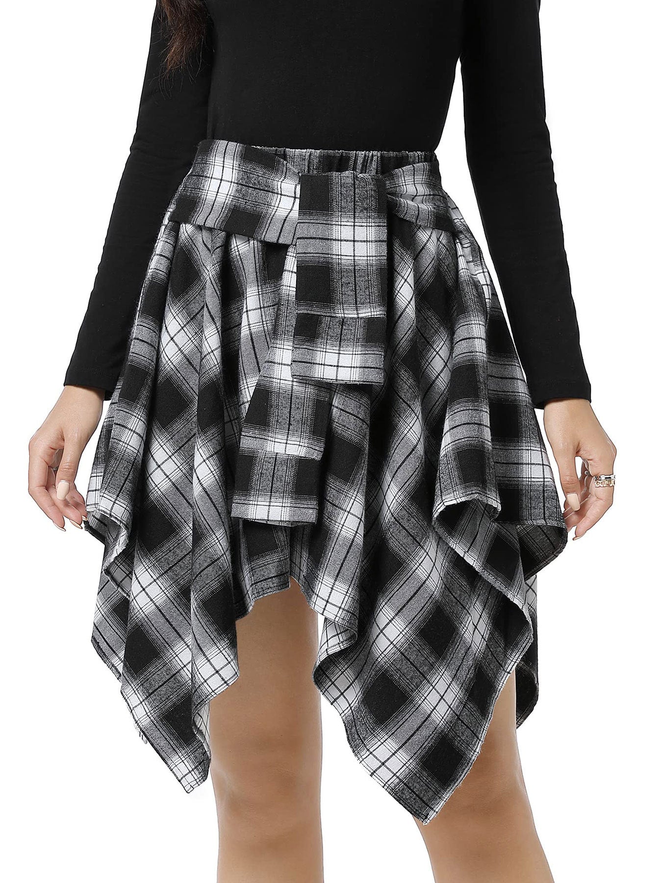 High-Waist Patchwork Asymmetrical Plaid Skirt