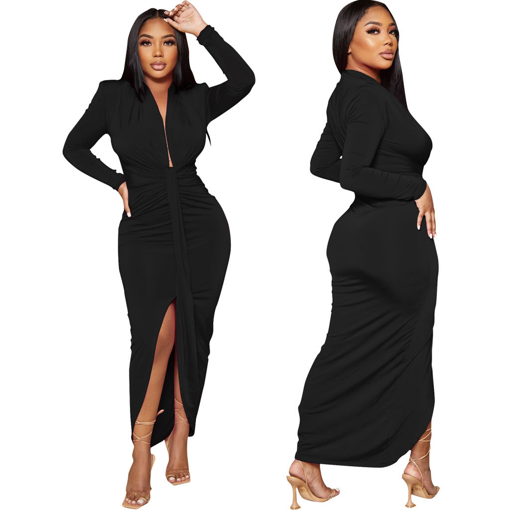 Women Sexy Deep V Neck Belt Slit Dress 11