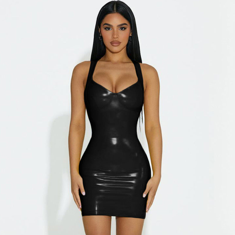 Women's summer sexy v-neck pu shiny face Slim Fit Slim Waist Bodycon strap jumpsuit 3