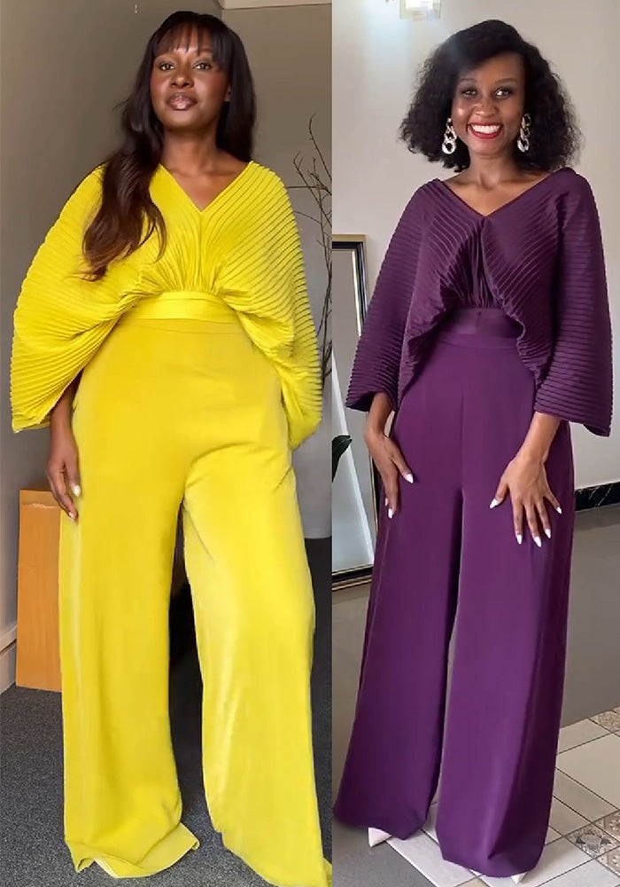 Women Pleated V-Neck Bat Sleeves Shirt and Pants Two Piece Set