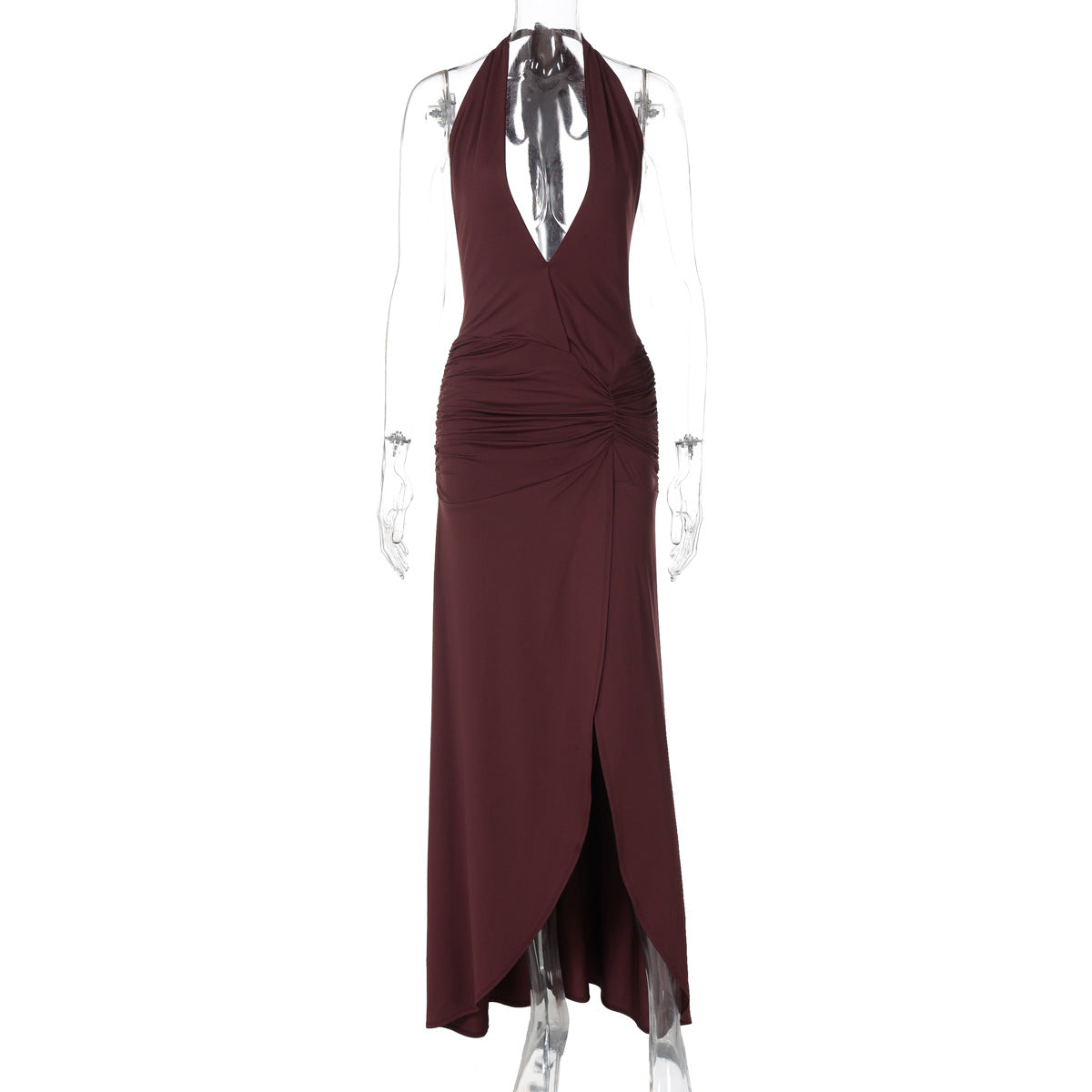 Women Solid Sexy V Neck Sleeveless Hollow Slit Halter Neck Dress 6