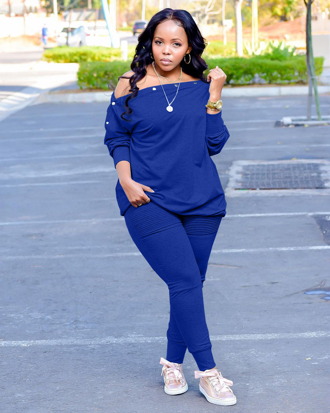 Autumn And Winter Women's Clothing Buttoned Off Shoulder Top Pants Casual Two-Piece Set 9