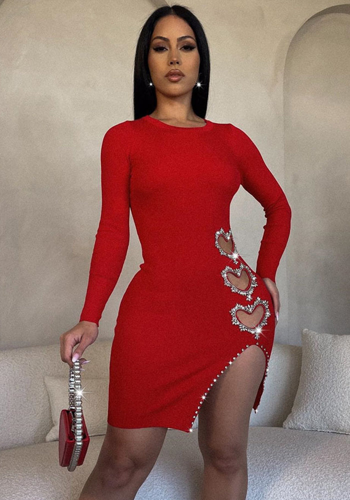 Sexy Solid Color Long Sleeve Heart Beaded Dress