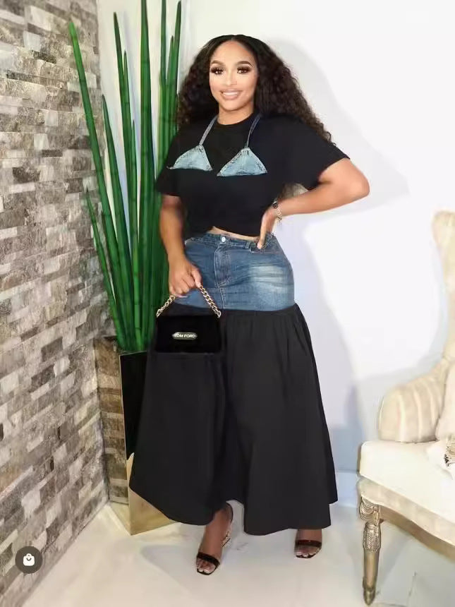 Fashion Denim Patchwork Contrast Color T-Shirt Skirt Two-Piece Set 3