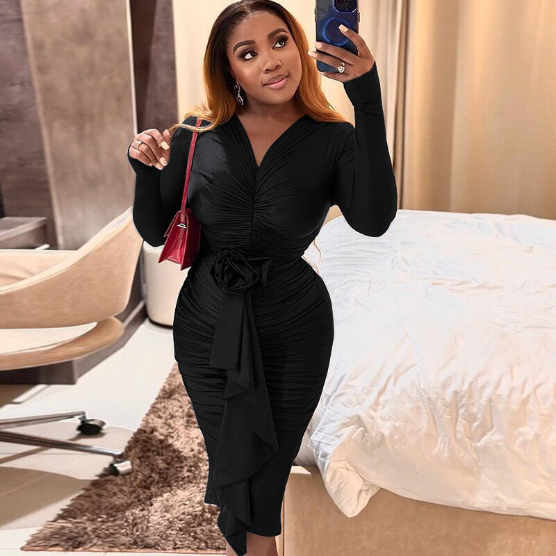 Women's Autumn And Winter Long Sleeve V-Neck Flower Sexy Bodycon Dress 4