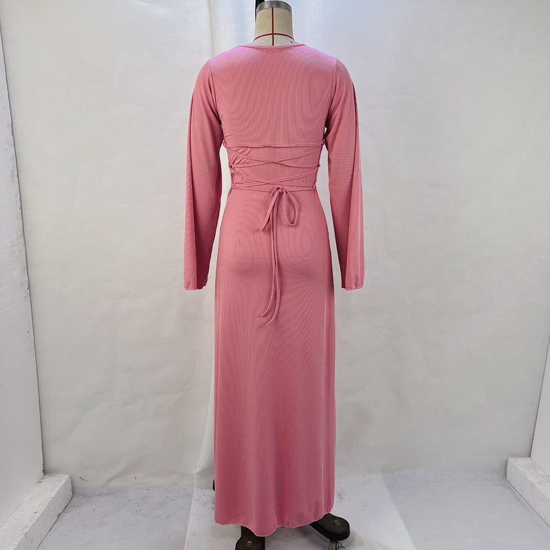 Women Autumn Loose U-neck Lace-up Long Sleeve Dress 19