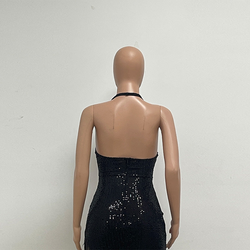Women Backless Party sleeveless Halter Neck tassel sequin slit dress 18