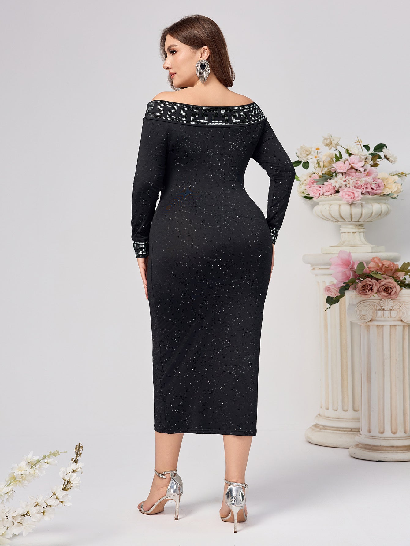 Plus Size Women Sexy Long Sleeve Sequin Off Shoulder Dress 3