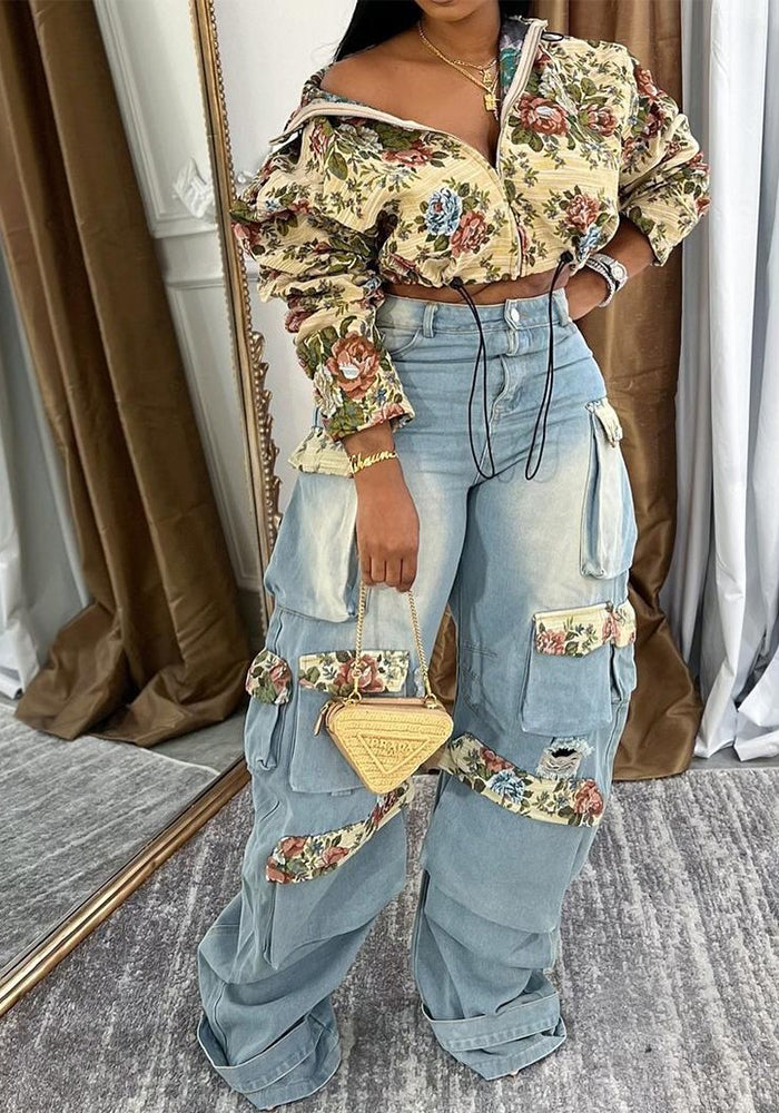 Women autumn flowers jacket and denim cargo pant two piece set