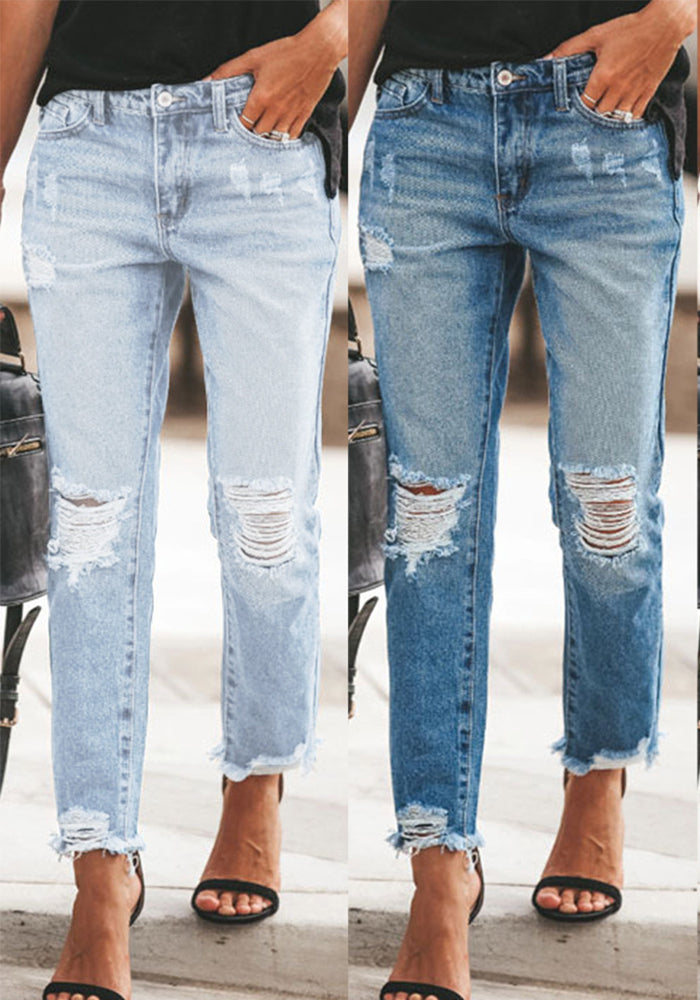 Women Ripped non-elastic Denim Pants