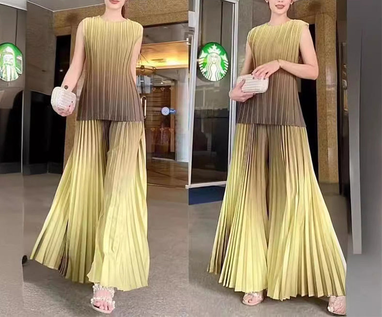 Women's Fashion Pleated Gradient Color Sleeveless Chic Loose Tops Wide-Leg Pants Set 17