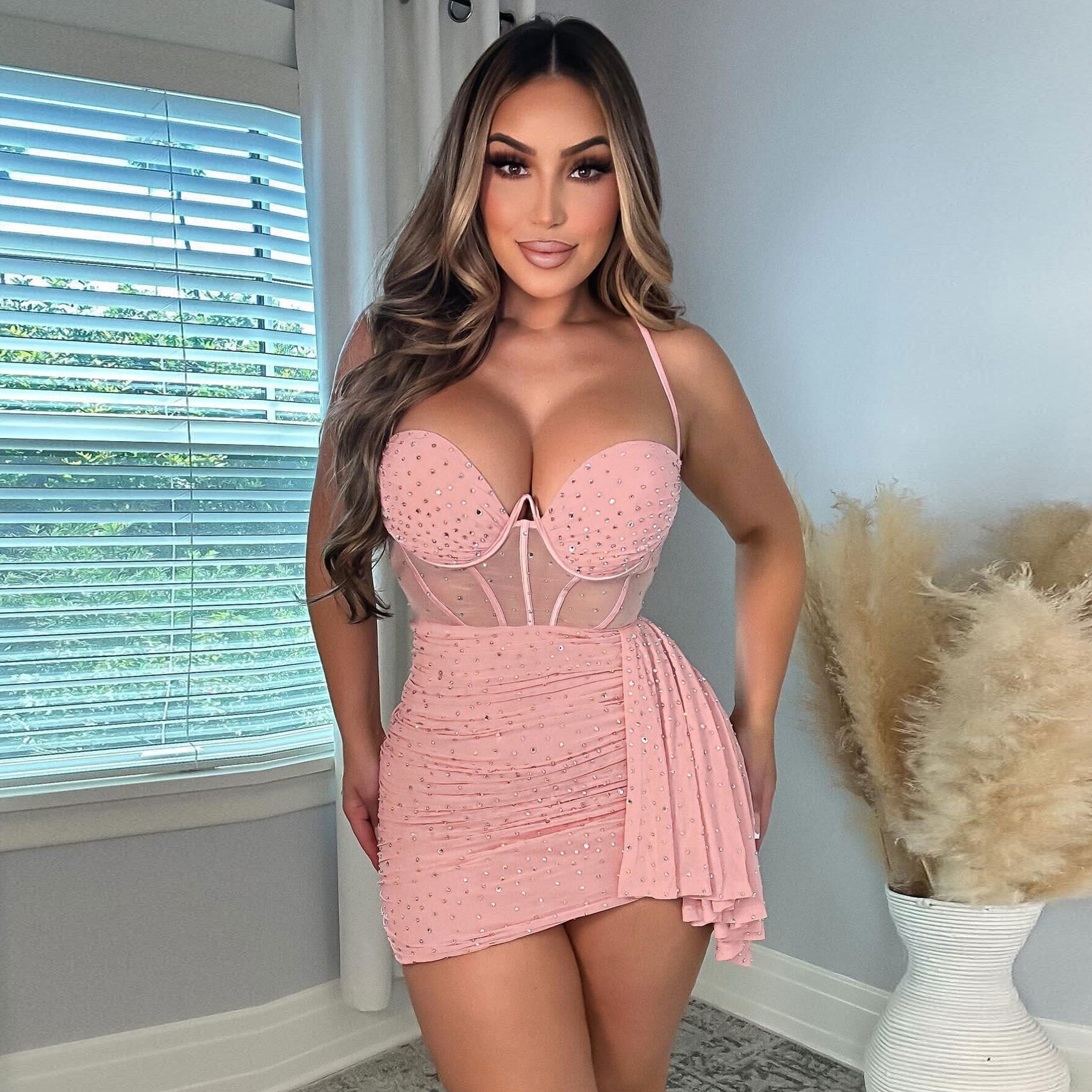 Sexy Slim Beaded Patchwork Sling Pleated Bodycon Dress 3