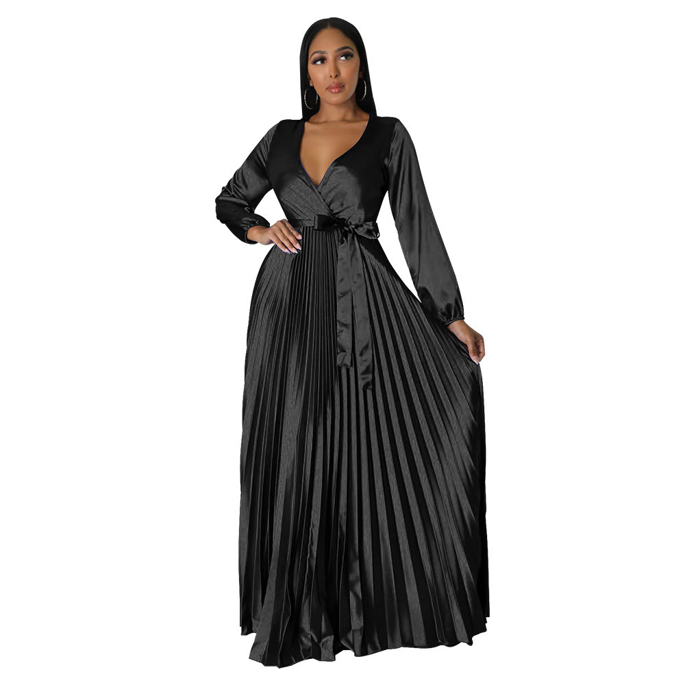 Women Autumn V-Neck Balloon Sleeve Pleated Dress 12