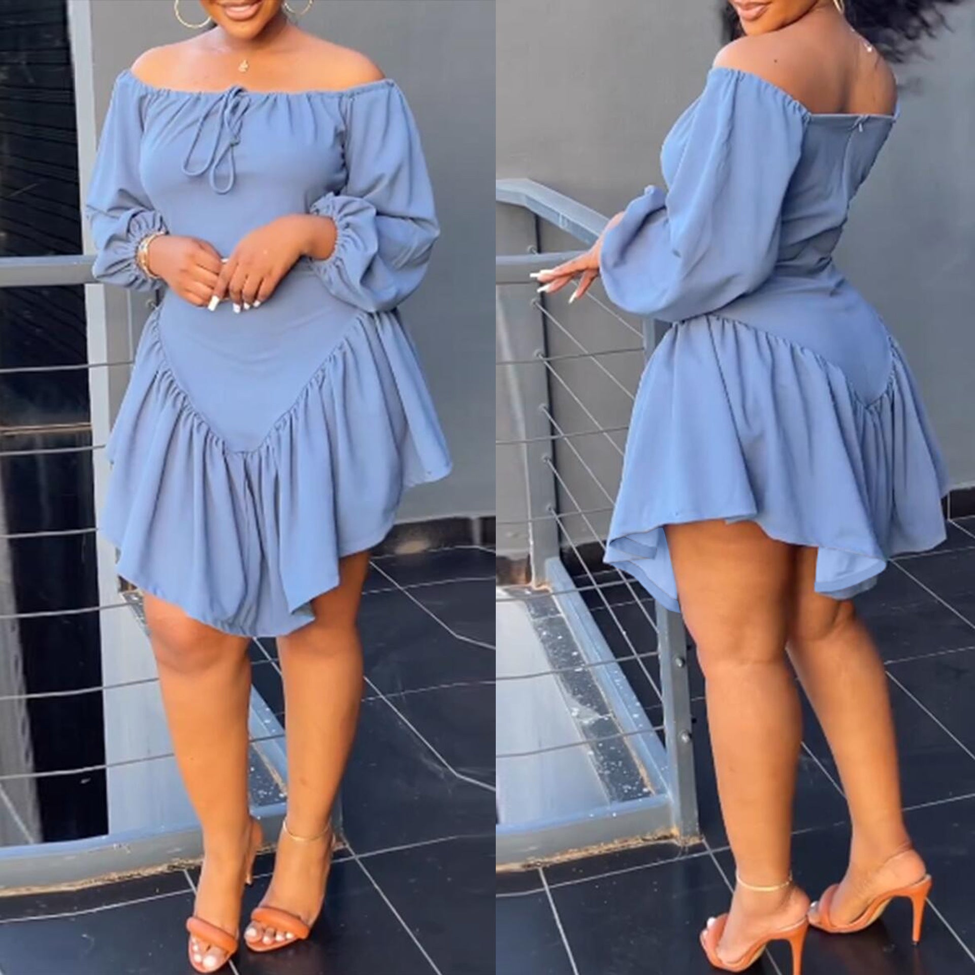 Sexy Slim Lace Lace-Up Elasticated Off Shoulder Balloon Sleeve Dress 3