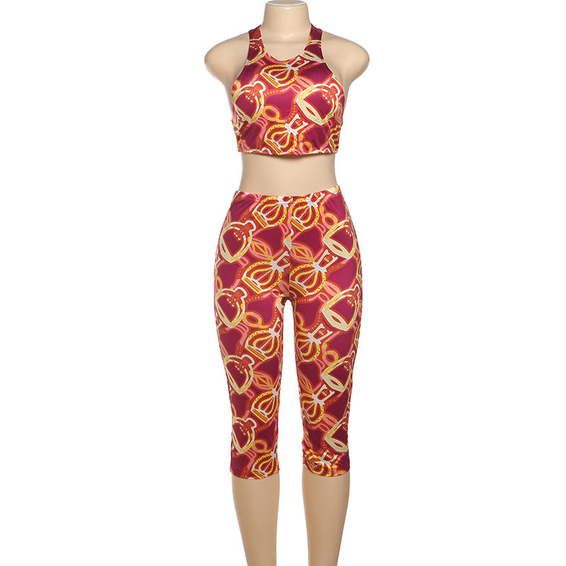 Summer Women's Sexy Color-Block Print Crop Tank Top Tight-Fitting Pants Set 7