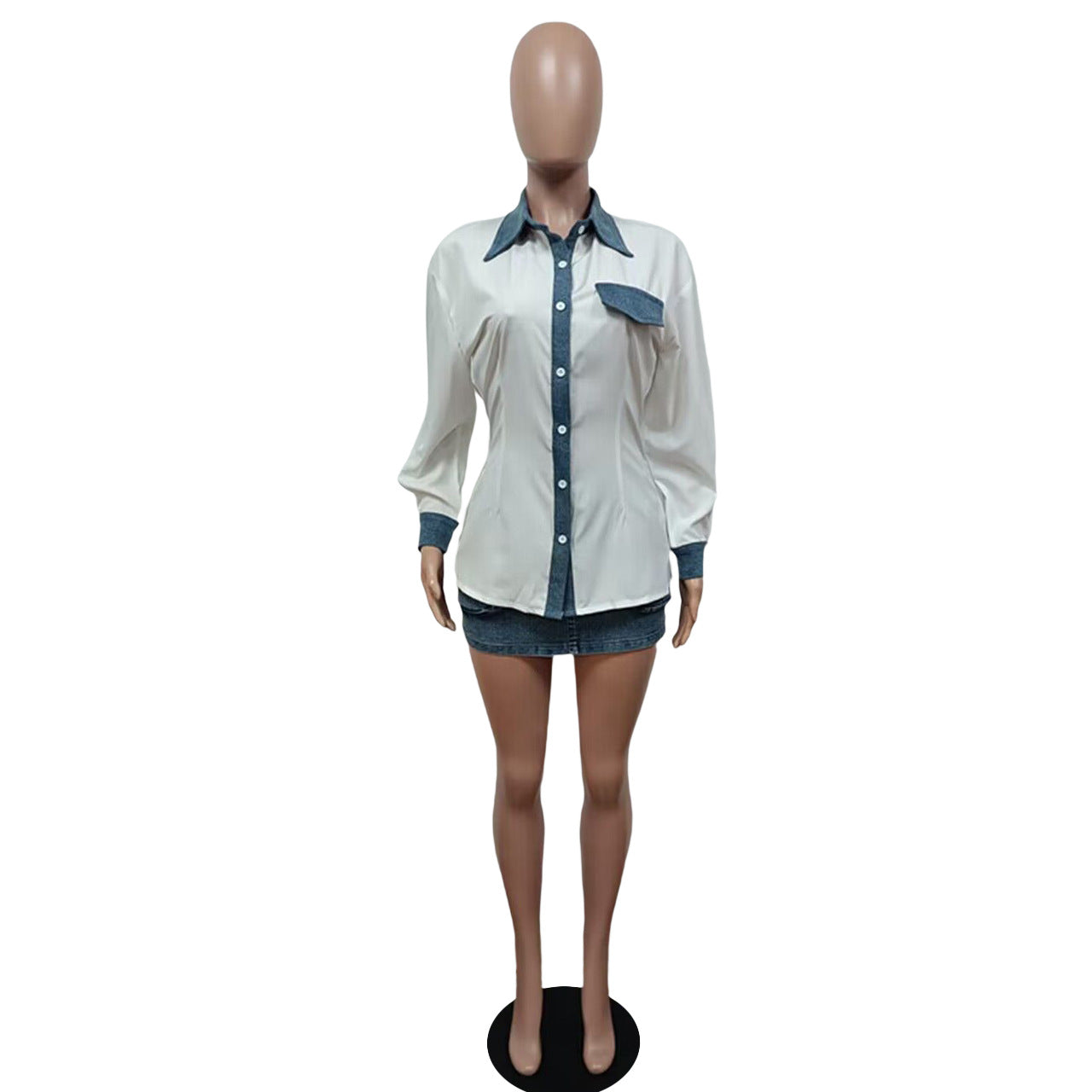 Women Shirt and Denim 3d Pocket Mini Skirt Two-Piece Set 4