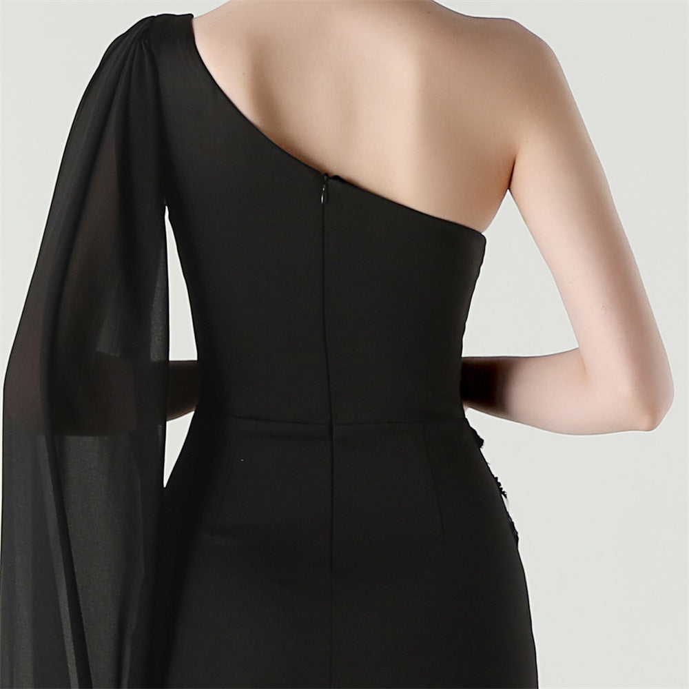 Women Tulle Shawl Beaded Tube Embroidery One Shoulder Evening Dress 34