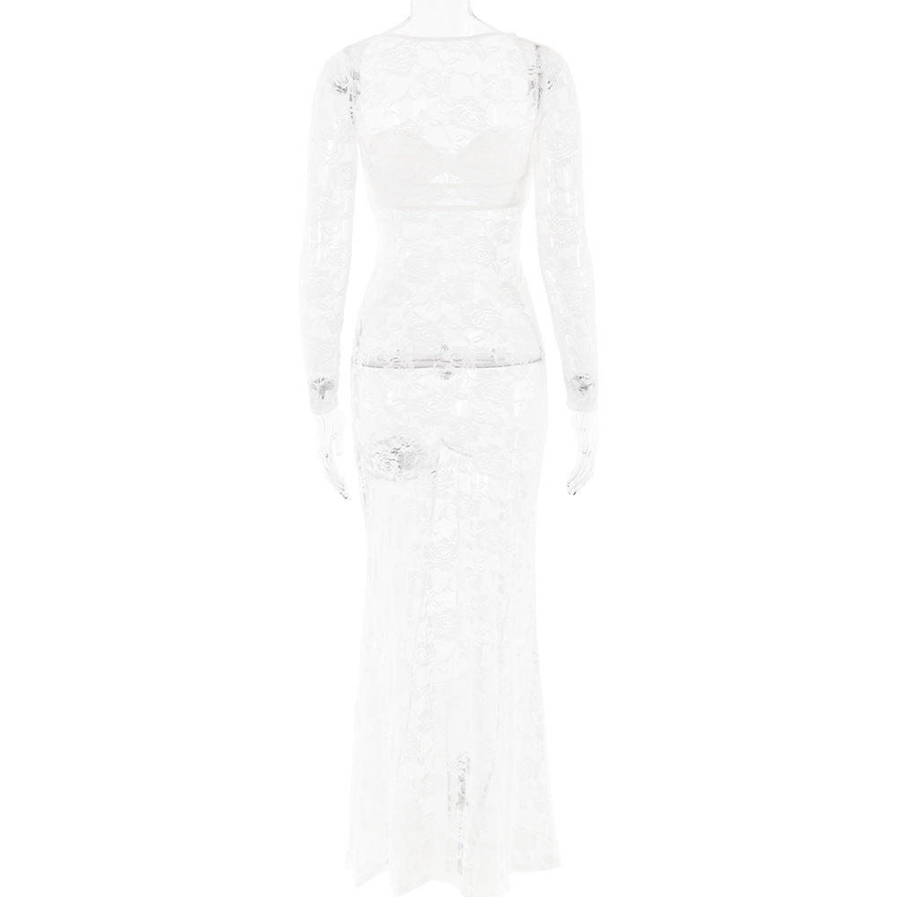 Women sexy lace See-Through long-sleeved dress 9