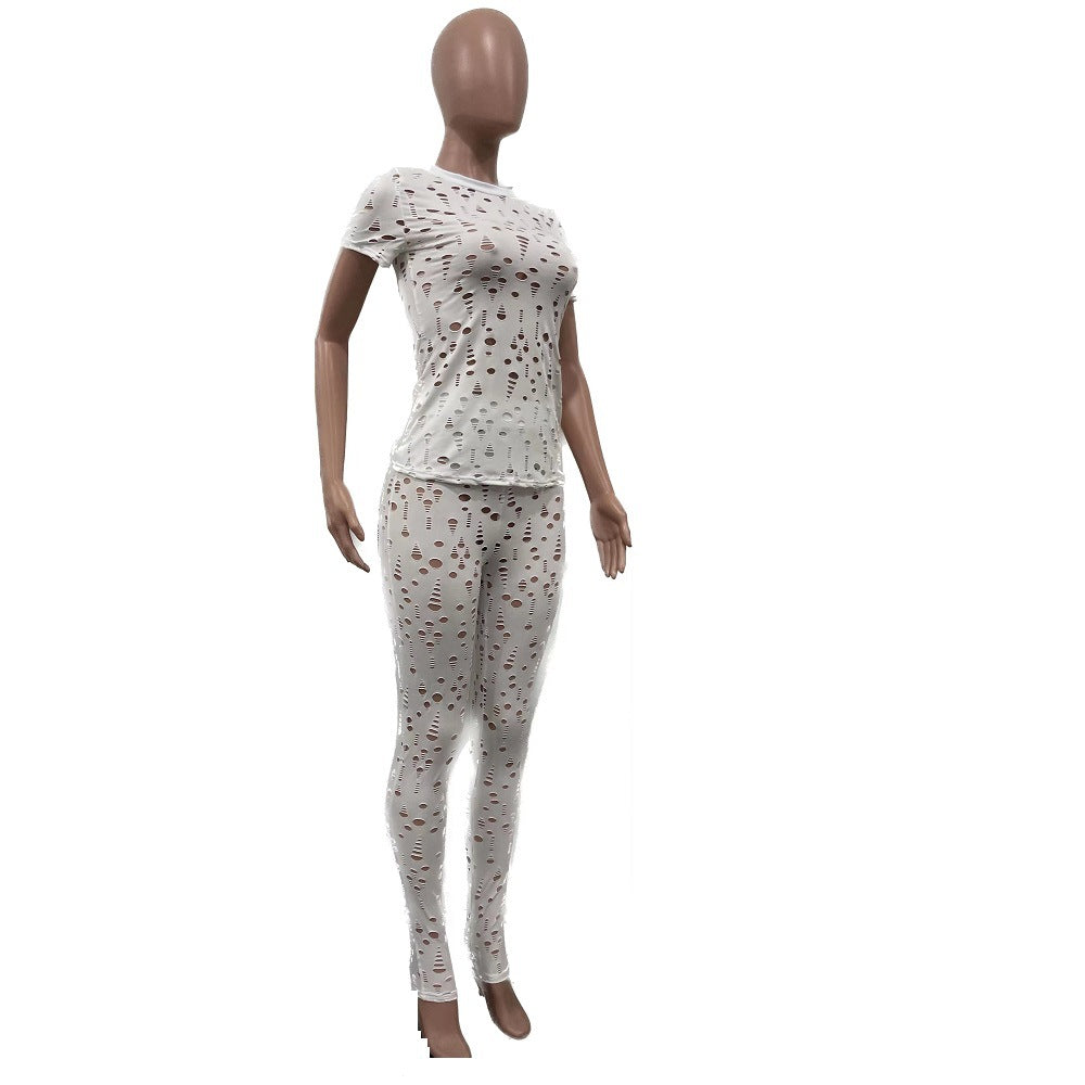 Women Stretch Ripped Round Neck Solid Top and Pant Two-Piece Set 13