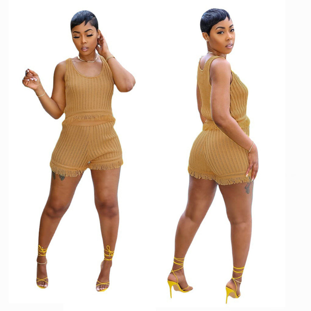 Women'S Sweet Solid Color Tassel Two-Piece Shorts Set 11