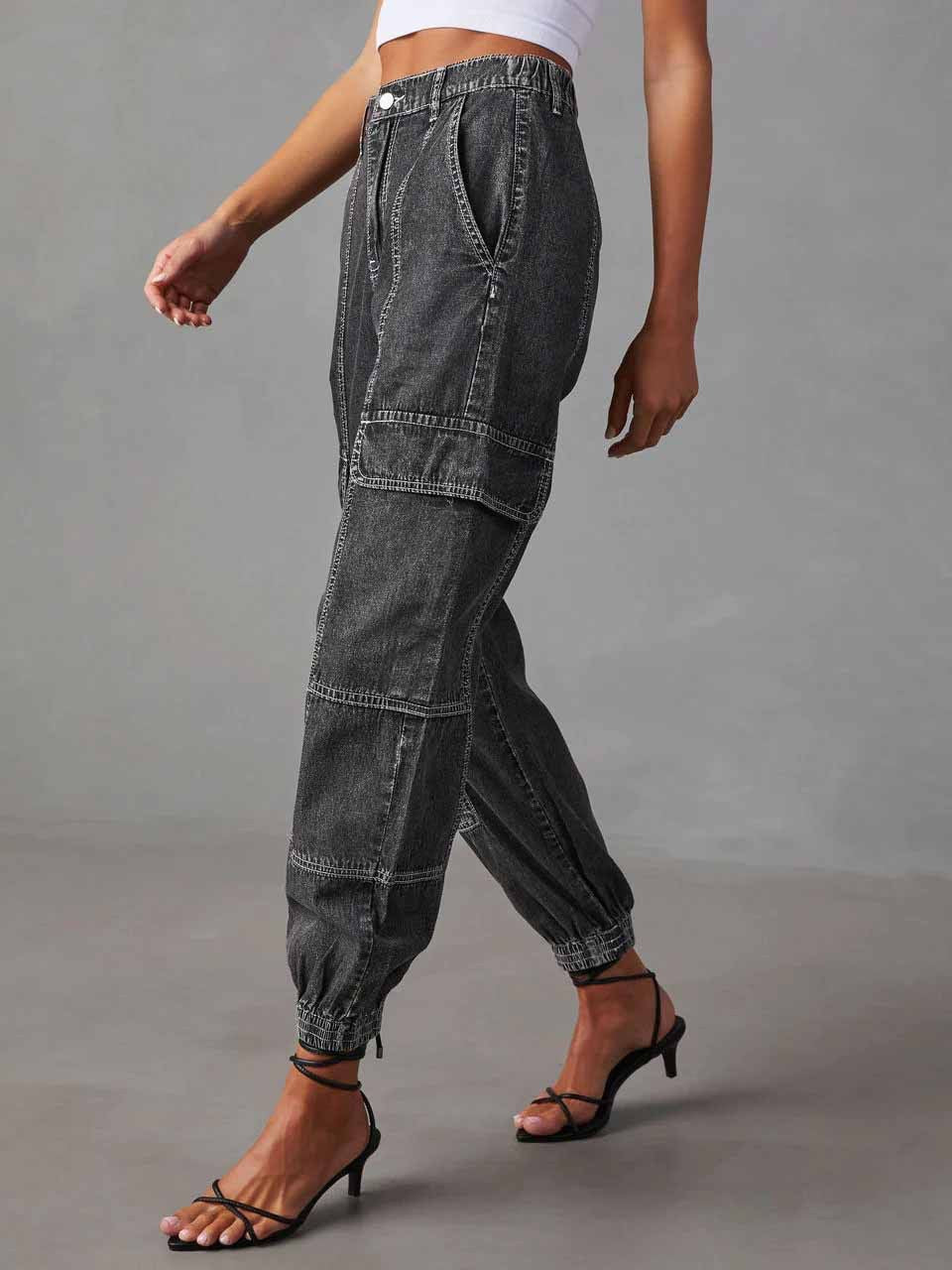 Cargo Denim Pants Women's Autumn Fashion Casual Elastic Waist Loose Women's Jeans 5