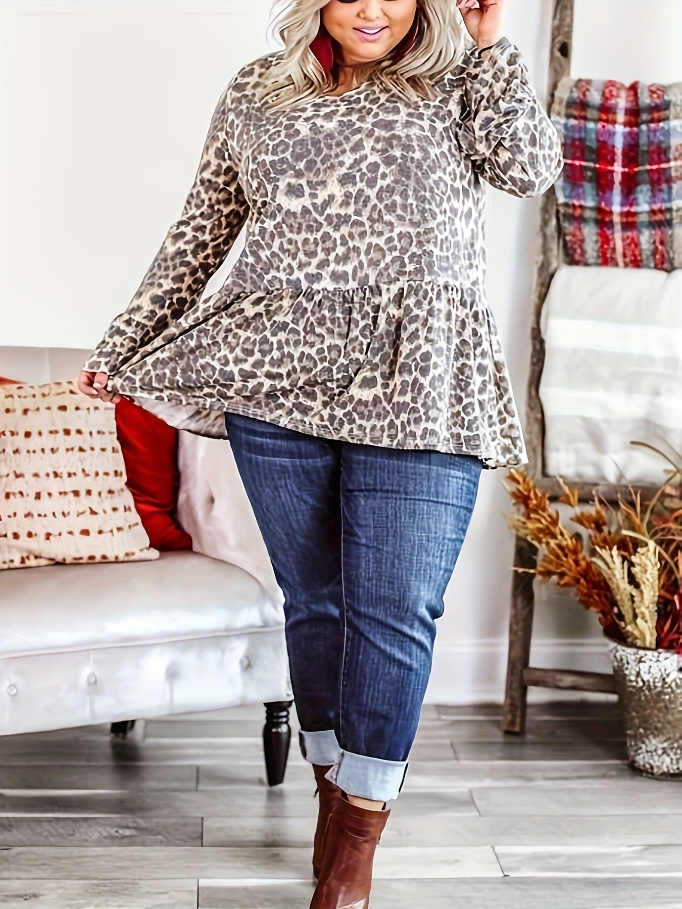 Women's Leopard Print Bell Bottom Sleeve Plus Size Top