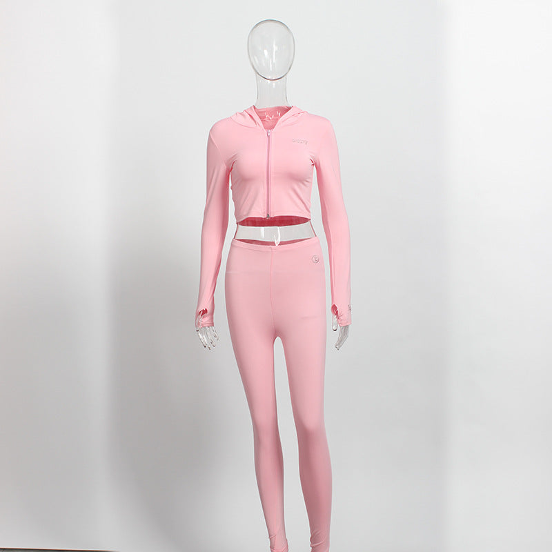 Women Solid Sexy Zipper Long Sleeve Top and Pant Two-piece Set 5